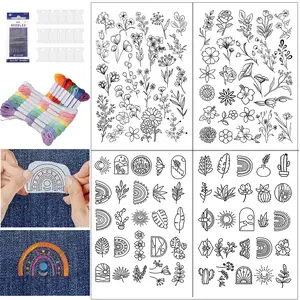 4 Sheets Water-Soluble Fabric Stabilizer Patterns, Geometric Embroidery Design, Self-Adhesive Plant Leaf Embroidery Transfer Paper Kit, Hand Sewing Supplies