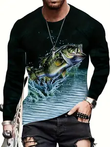 Men's Long Sleeve Fishing Shirt, Fashionable Round Neck 3D Digital Print, Full Body Fish Pattern, Outdoor Activities, Outdoor Apparel