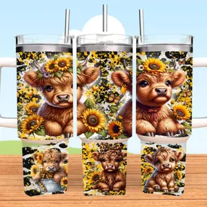 Highland Cow Tumbler, 40oz Tumbler, Sunflower Design, Christmas Gift, 40oz Stainless Steel, Tumbler with Handle, Scottish Higland Cows