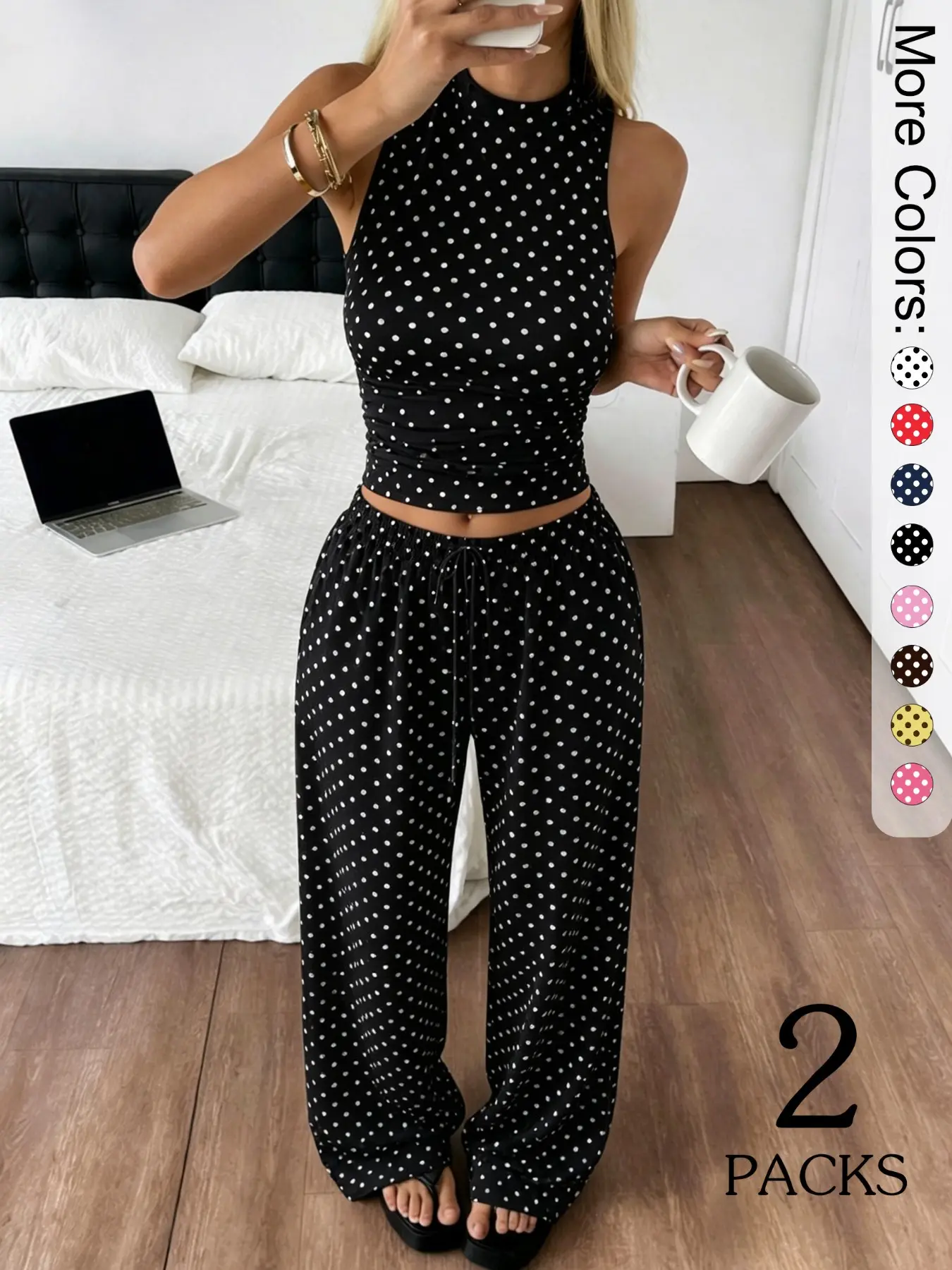 Women's Matching Polka Dot Print 2-Piece Outfit, Sleeveless Mock Neck Crop Top and Drawstring Wide-Leg Pants Set, Bohemian Casual Summer Streetwear Set, Casual Everyday Set