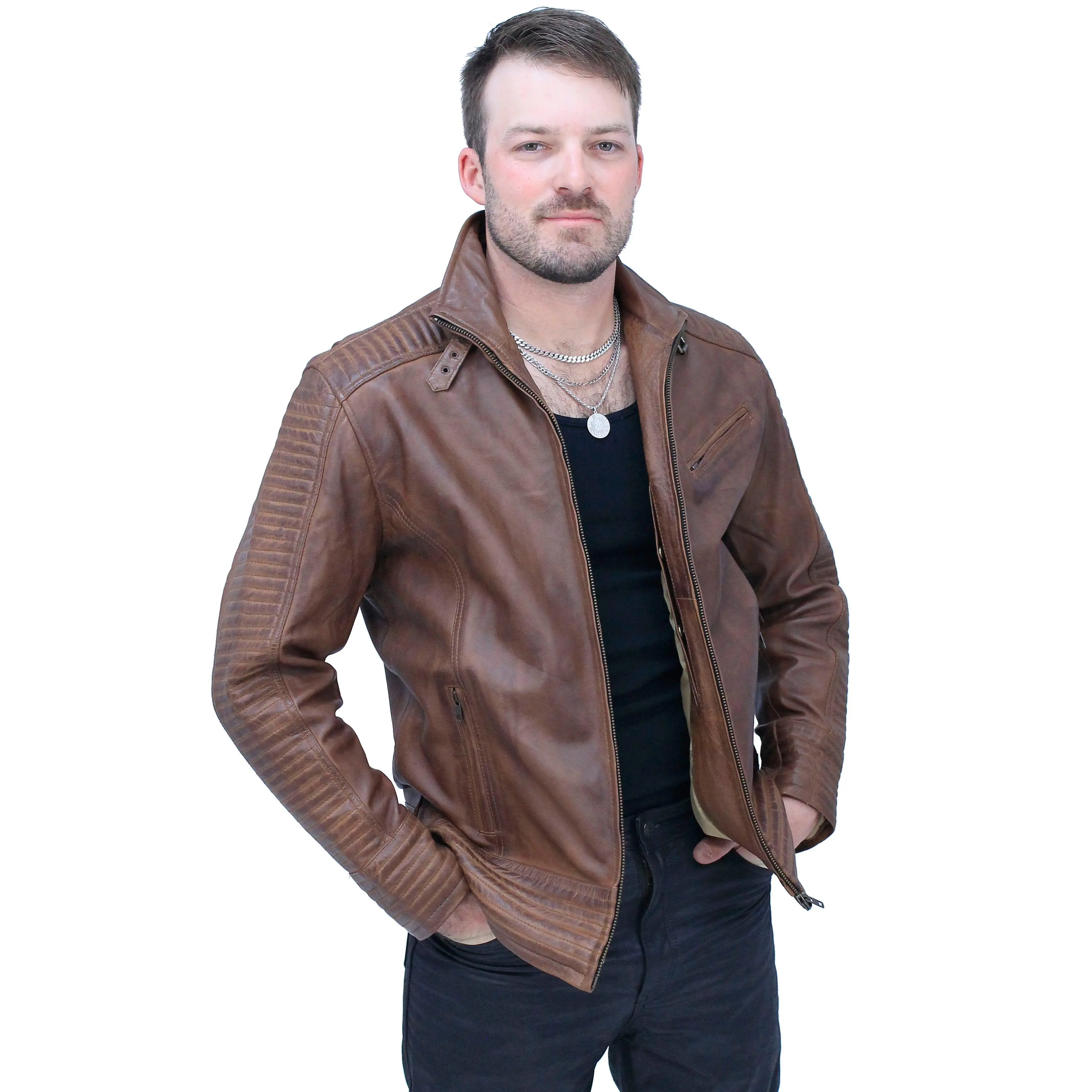 Distressed Brown Leather Ribbed Trim Jacket Butterfly Collar #MA1992GN