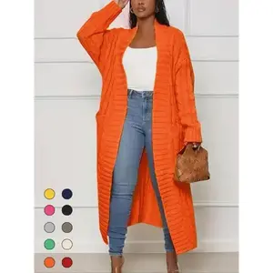 Women’s solid-color textured drop-shoulder pocket longline cardigan; casual open-front long-sleeve knitwear for fall and winter; women’s knit clothing for daily wear; cardigans for women; womenswear; casual knit top (gift).