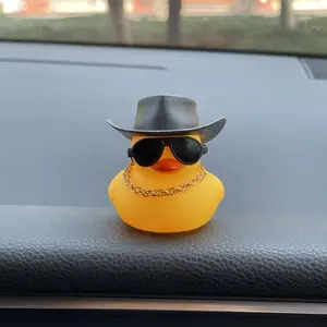 2pcs Dashboard Duck Ornament with Sunglasses and Chain, Auto Decoration Duck Figurine with Black Hat