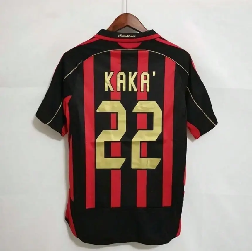 Kaká No. 22 2006/07 Milan Retro Soccer Jersey – Red & Black Striped Short Sleeve Football Shirt with Gold Name and Number | Fan Apparel