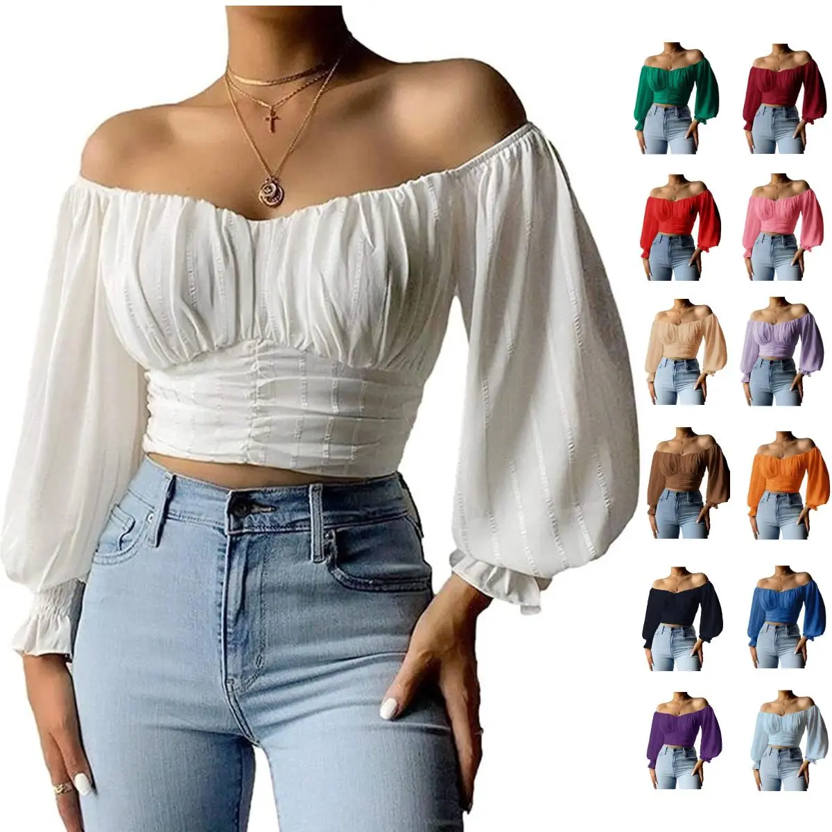 Imily Bela Womens Elegant Off The Shoulder Puff Sleeve Blouse Summer Chiffon Slim Fit Party Crop Top