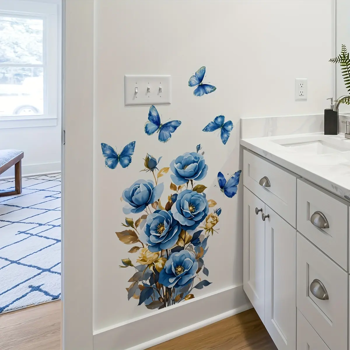 A piece of (30*60cm) blue flower bouquet and butterfly decorative wall sticker for living room, bedroom and bathroom background decoration, Home Decor, M17545-KR