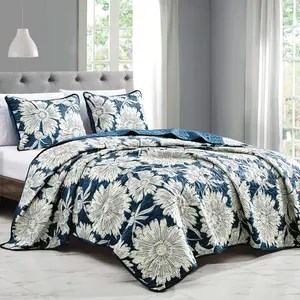 Elegant  Large - scale white Floral  Comfortable Soft  Quilt Set on dark blue background-  Perfect for Spring & Summer! Breathable fabric/Gift for Mom / Wife / Grandma