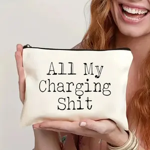 2Pcs Funny 'All My Charging Sh*t' Canvas Zipper Pouch - Cord Organizer for Electronics & Phones, Non-Waterproof