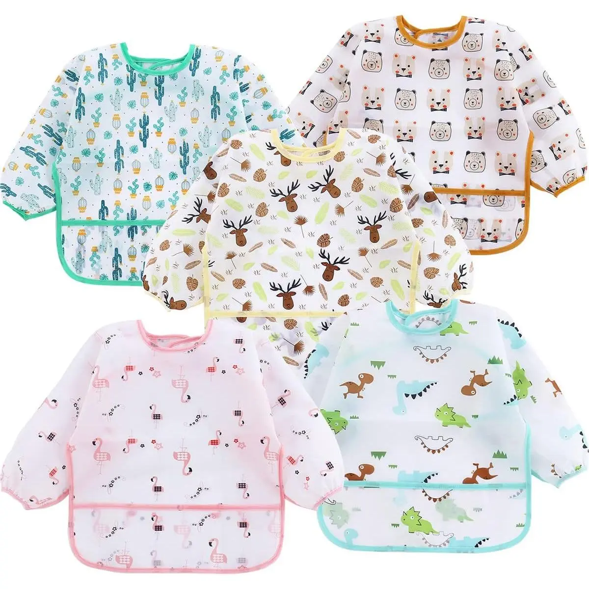 5 Pack Long Sleeve Bibs  Babies 6-24 Months, Lightweight Waterproof Toddler Smock  Eating & Messy Art, Washable Weaning Bibs with Stay-Open Pocket, Breathable & Travel-Friendly