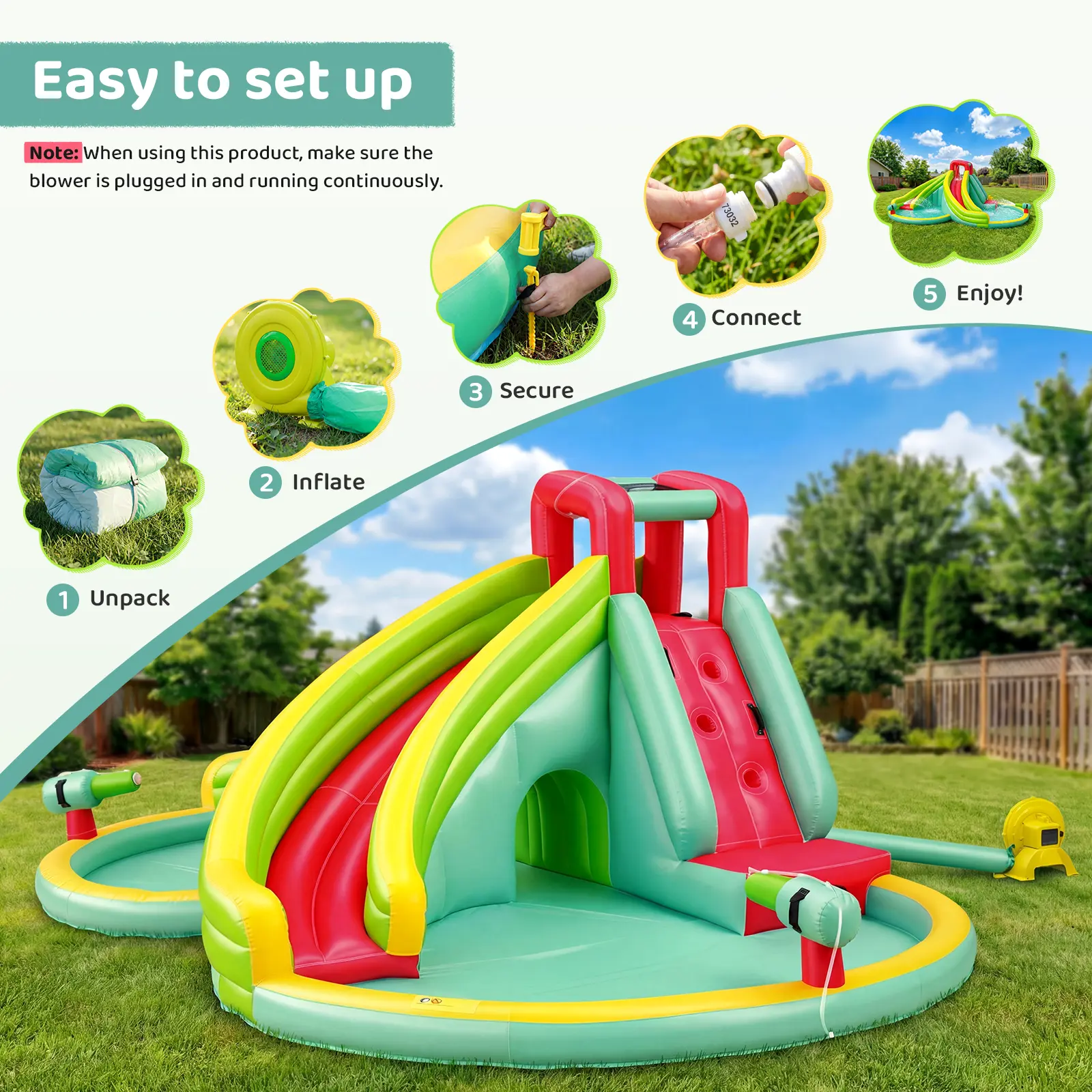 VOWNER Inflatable Bounce House with Slides, Inflatable Water Slide for Kids Backyard, Bounce Water Prak with Air Blower, Splash Pool, Water Cannon, Climbing Wall, Outdoor Backyard Water Park outdoorfun