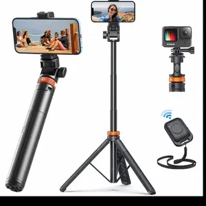 61" Phone Tripod for Live Streaming & Vlog Extendable Selfie Stick with Bluetooth Remote for iPhone Android Professional Grade Nylon 6/6 Aluminum Ring Locks 360° Ball Head