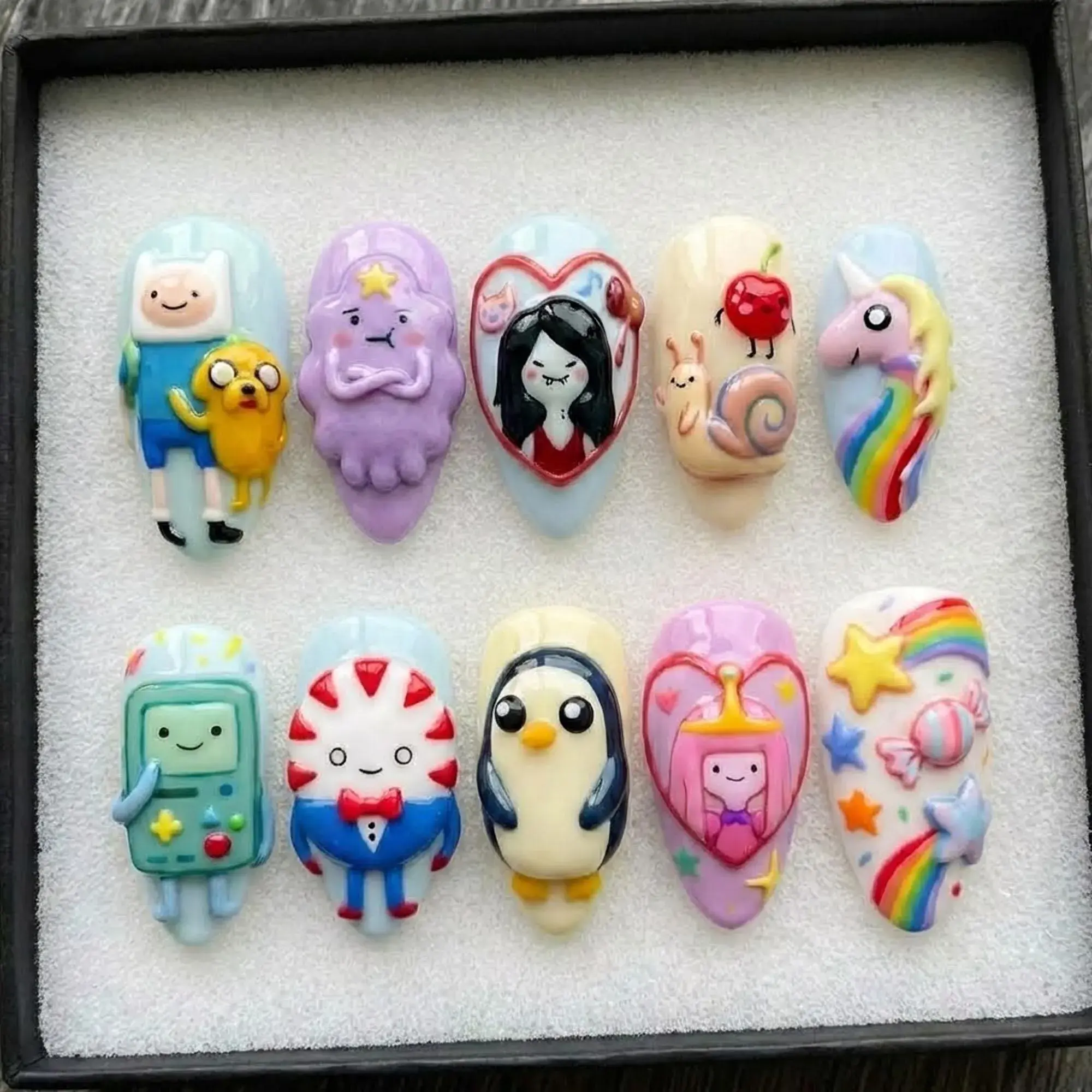 Adventure Time Finn Jake Colorful Press On Nails, Luxury 3D Embossed Hand Painted, Kawaii Cartoon Kidcore Y2K Nails Set