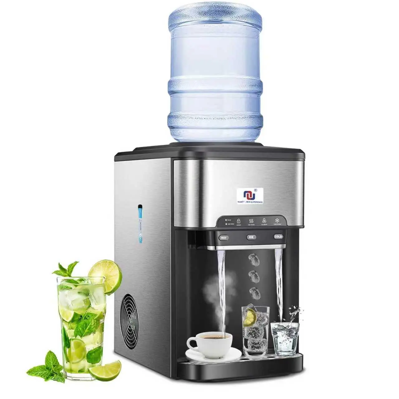 NUNET 3-in-1 Countertop Portable Ice Maker & Water Dispenser, 44lbs Daily Production, 5gal Top-Loading Hot/Cold Supply, 4lb Storage, Water Pump & Cleaning Sets