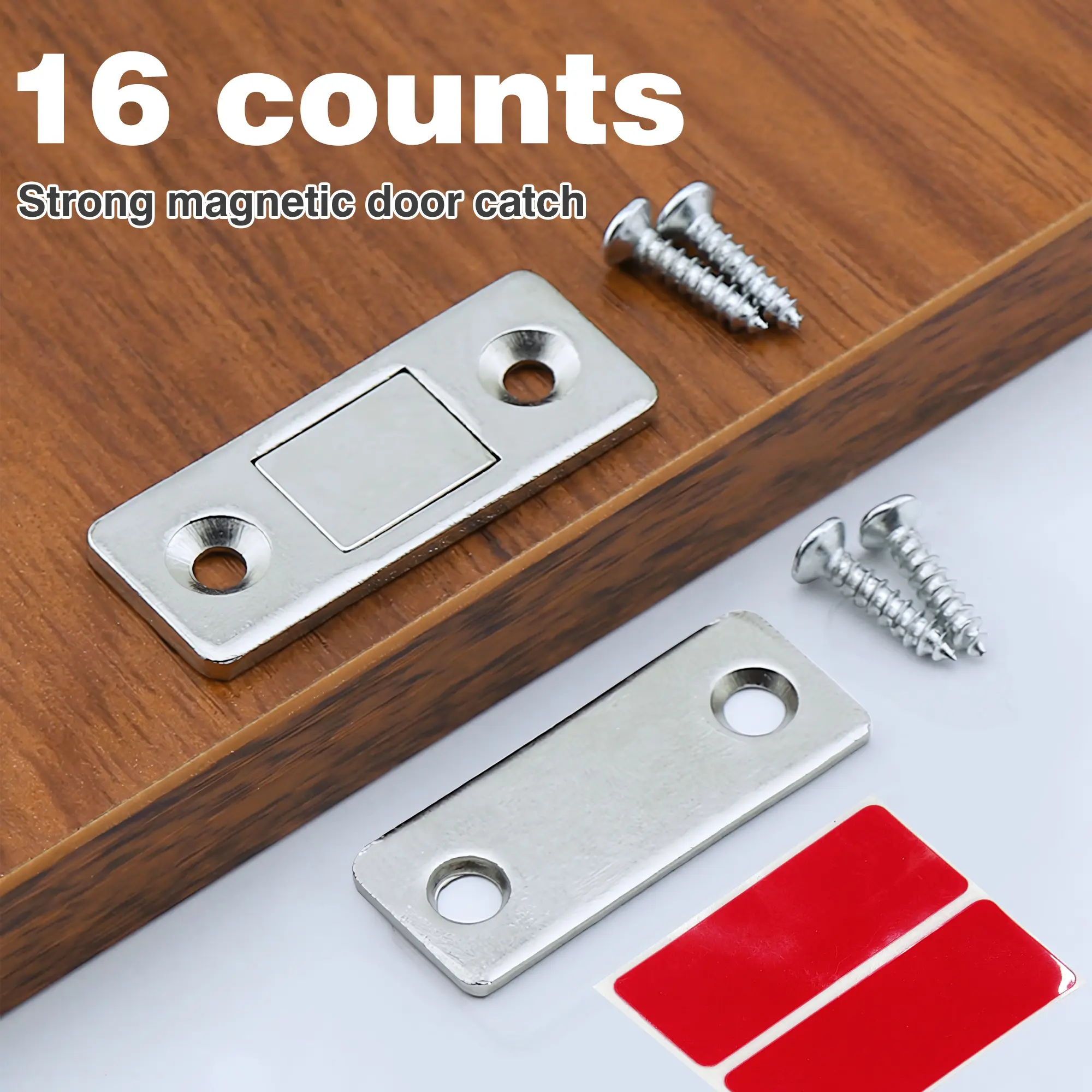 16-Pack No-Drill Cabinet Magnetic Catch Hardware, Stainless Steel, Super Adhesive Stays Put, Strong Hold Magnetic Grip for Firm Door Closure