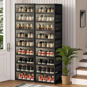 9 tier Ultimate Foldable Shoe Organizer – Fits 18 Pairs Space-Saving Stackable Cabinet Rack Clear Door  Plastics Stackable
