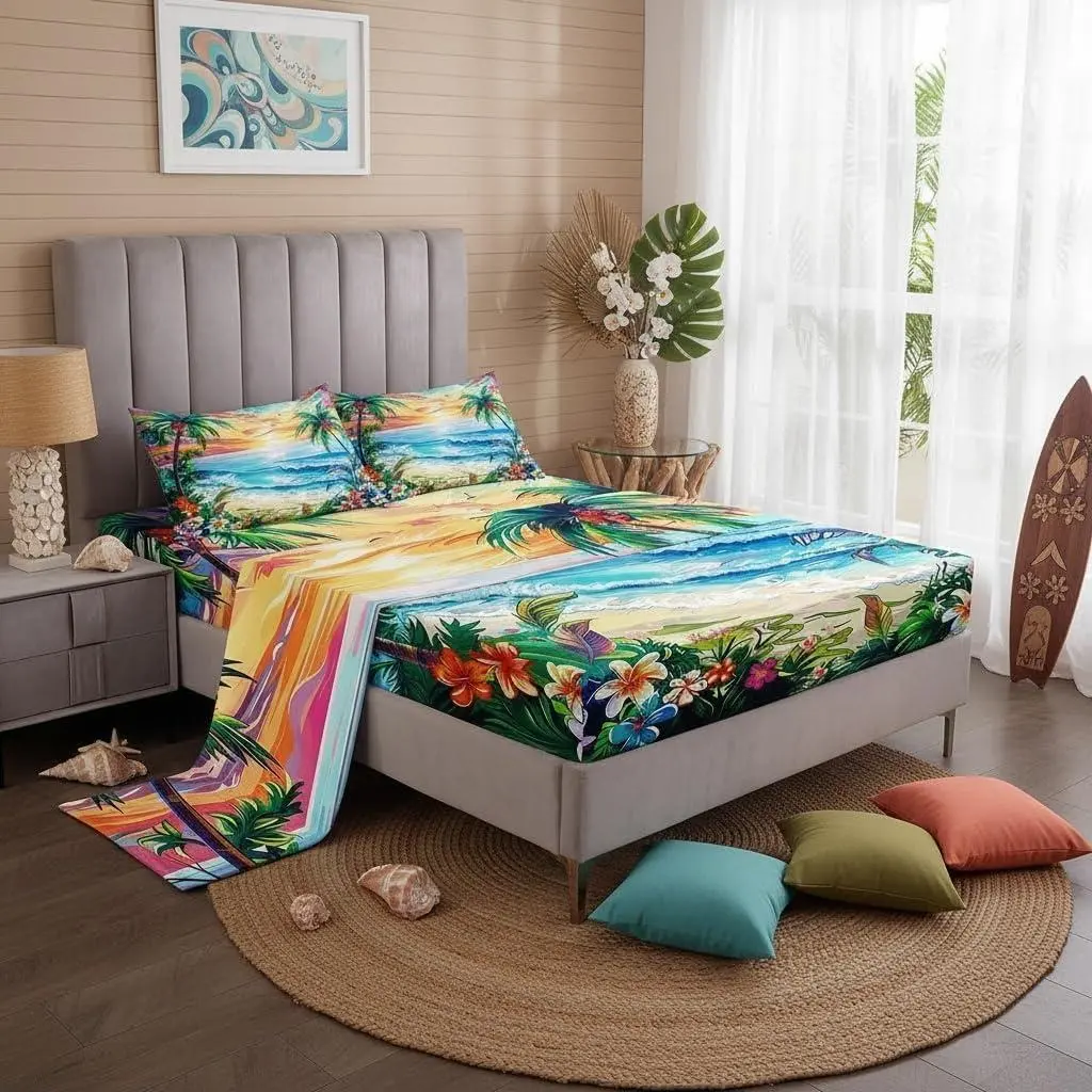 Hawaii Summer Fitted Sheet Set,4 Pcs,Seaside Tropical Flowers Coconut Palm Trees Teens Sheets,Watercolor SunSet,Sky Paint Bedding Set,(1 Fitted,1 Flat,) Bed Sheets