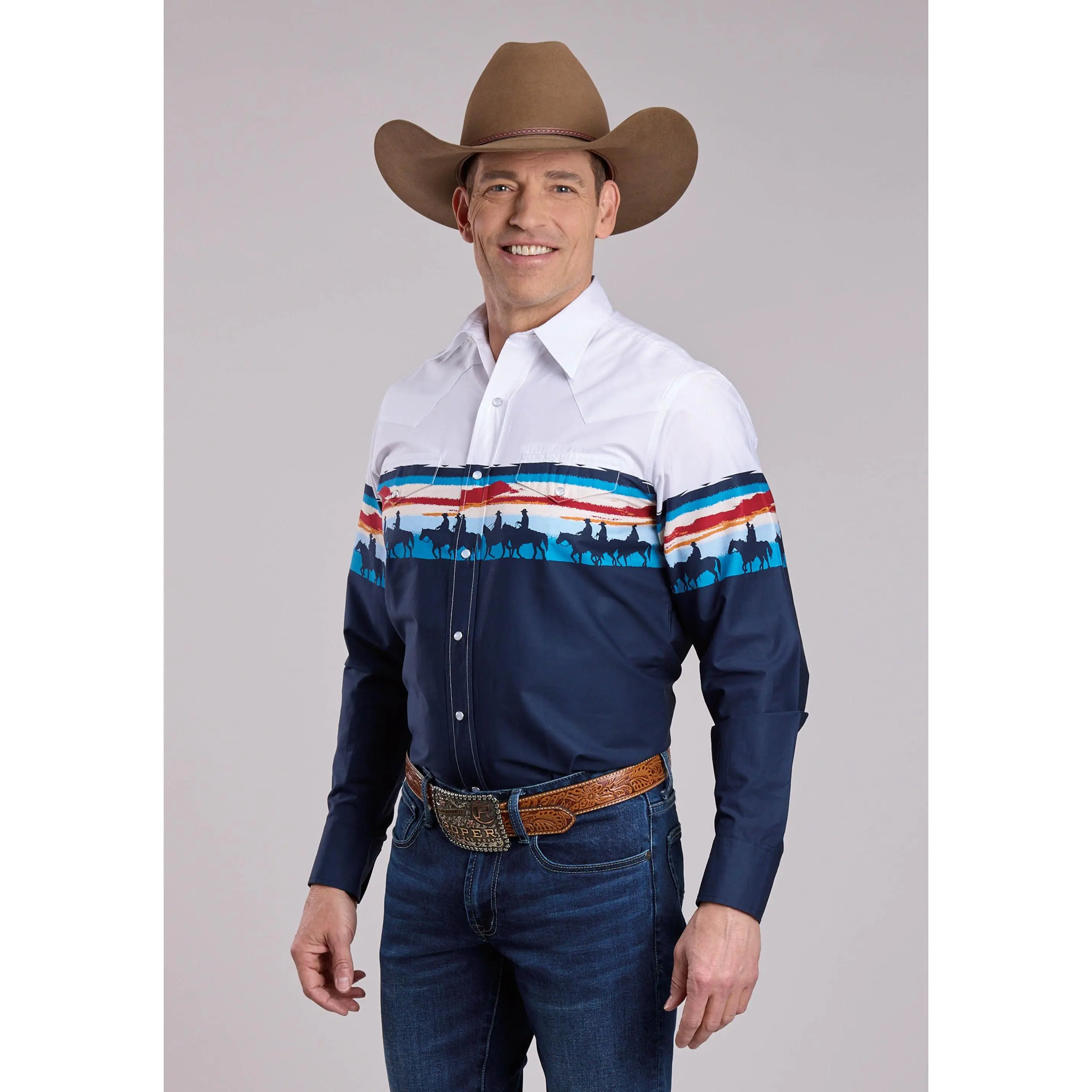 Mens Roper Sunset Border Long Sleeve Snap Shirt