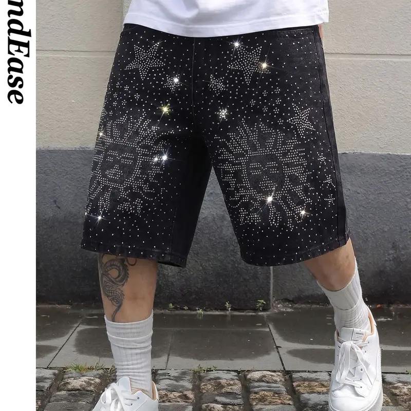 Men's Gradient Rhinestone Denim Shorts, High Waist Loose Fit, Casual Above Knee, Beach Shorts Clothes, Summer Style Shorts, Summer Streetwear, Perfect for Parties and Travel, Casual Beach Shorts