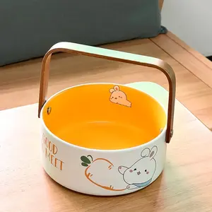 Wooden Handle Fruit Bowl Ceramic Tableware, Cartoon Bunny Design, Dishwasher Oven Microwave Safe, Modern Elegant Home Dining Set