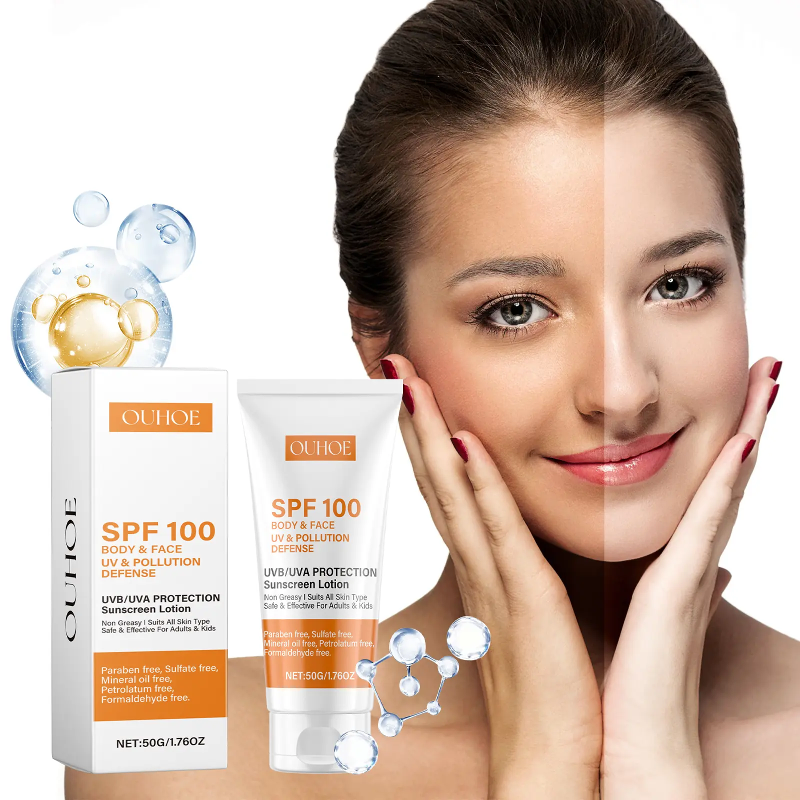 Facial Sunscreen SPF100，It effectively blocks UVA and UVB rays, helps prevent sunburn and tanning. The formula is moisturizing and easy to spread.  aids in preventing sun-induced dark spots and shields your skin from sun damage.