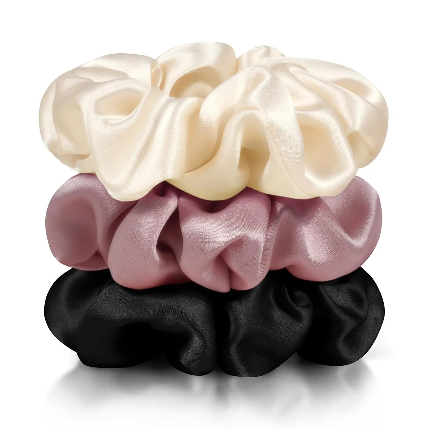 Elegant 4-Pack Mulberry Silk Scrunchies for Women, Gentle Hair Ties for Fine, Curly, and Long Hair, Helps Reduce Breakage (Black, Champagne, Light Plum, Coffee), Curly Hair