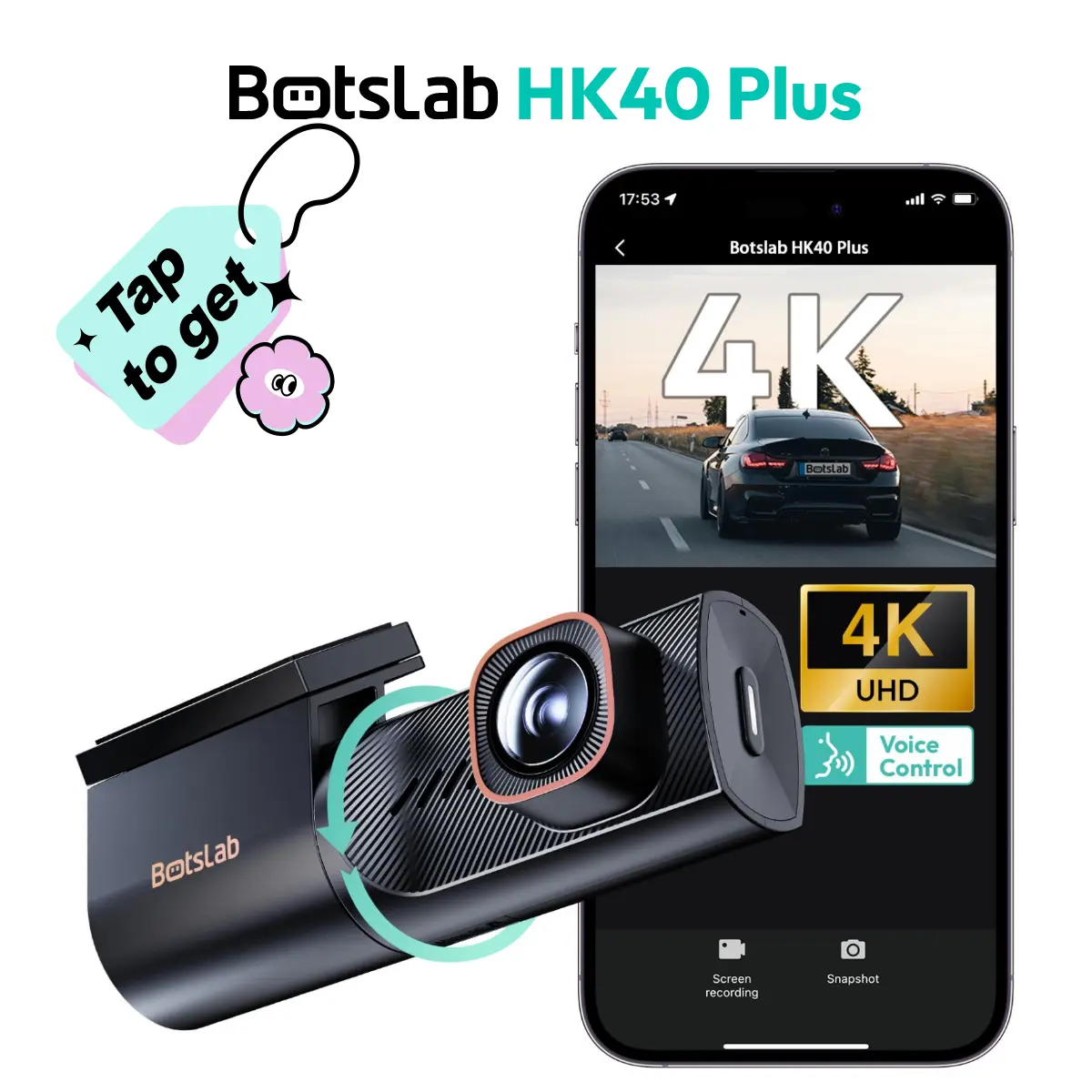 Botslab 360° View Car Mounted Dashcam - Quickinstall Dashboard Car Camera, Night Vision, 24H Parking Monitor, Voice Control, Keeps Vehicle Secure Driving Recorder