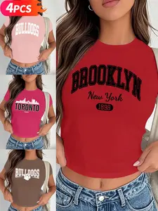 Women's 4-Pack Crop Top T-Shirts, "BULLDOGS", "TORONTO", "BROOKLYN" City Letter Print, Multiple Colors Available, Machine Washable, Spring & Summer Top, Soft Skin-Friendly Fabric, Daily Versatile, Fashion Design