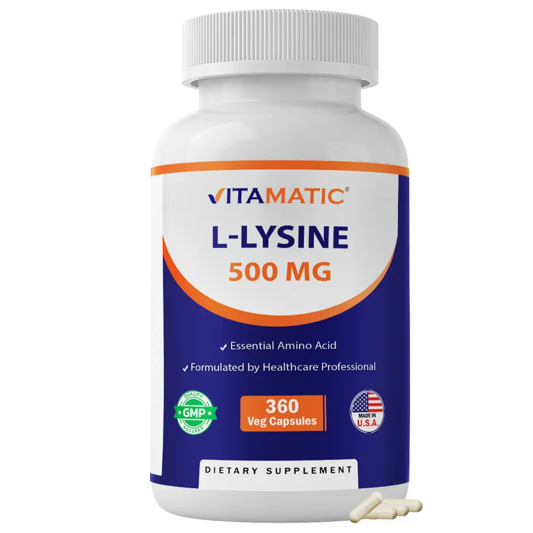 Vitamatic L-Lysine HCl 500 mg Essential Amino Acid Capsules - 360 Vegetarian, GMP Certified, Clean, Dairy-Free, Non-GMO, Gluten-Sugar-Artificial Color-Free, Made in USA, Supports Protein Synthesis & Boost, All Ages Suitable Body Health