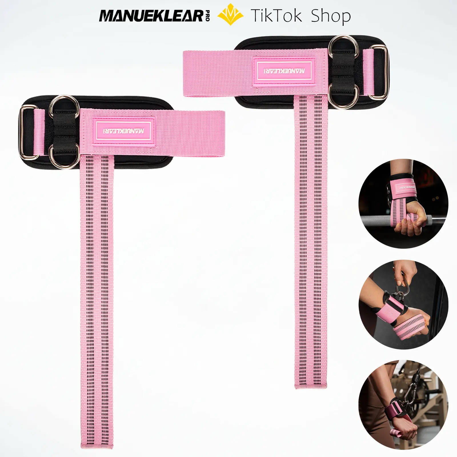MANUEKLEAR Unisex Lifting Straps with D-Rings, 10mm Neoprene Padded Wraps, Pink, for Gym Deadlifting & Cable Machine Training