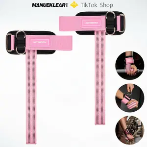 MANUEKLEAR Weightlifting Lifting Straps with D Rings,Bodybuilding Power Lifting Strength Training Gym Deadlifting & Cable Machine Lifting Straps,Pink, 10mm Neoprene Padded Wrist Wraps for Men & Women