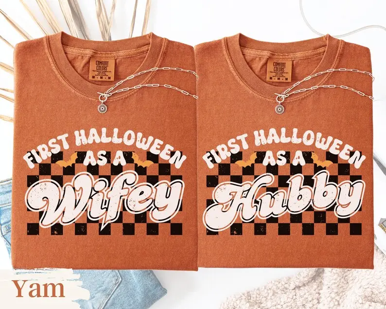 Comfort Colors Husband and Wife Matching T-Shirt, Fall Wifey and Hubby Shirt, Matching Couple Gift, Autumn Halloween Couple Outfit, Spooky Wife and Hubs Tee