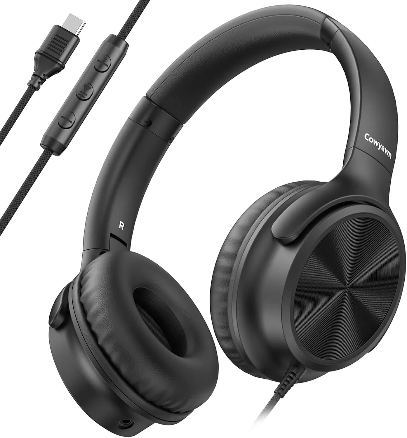 USB-C Wired Over-Ear Headphones with Microphone, 40mm HD Stereo Sound, Volume Control, Foldable, Black