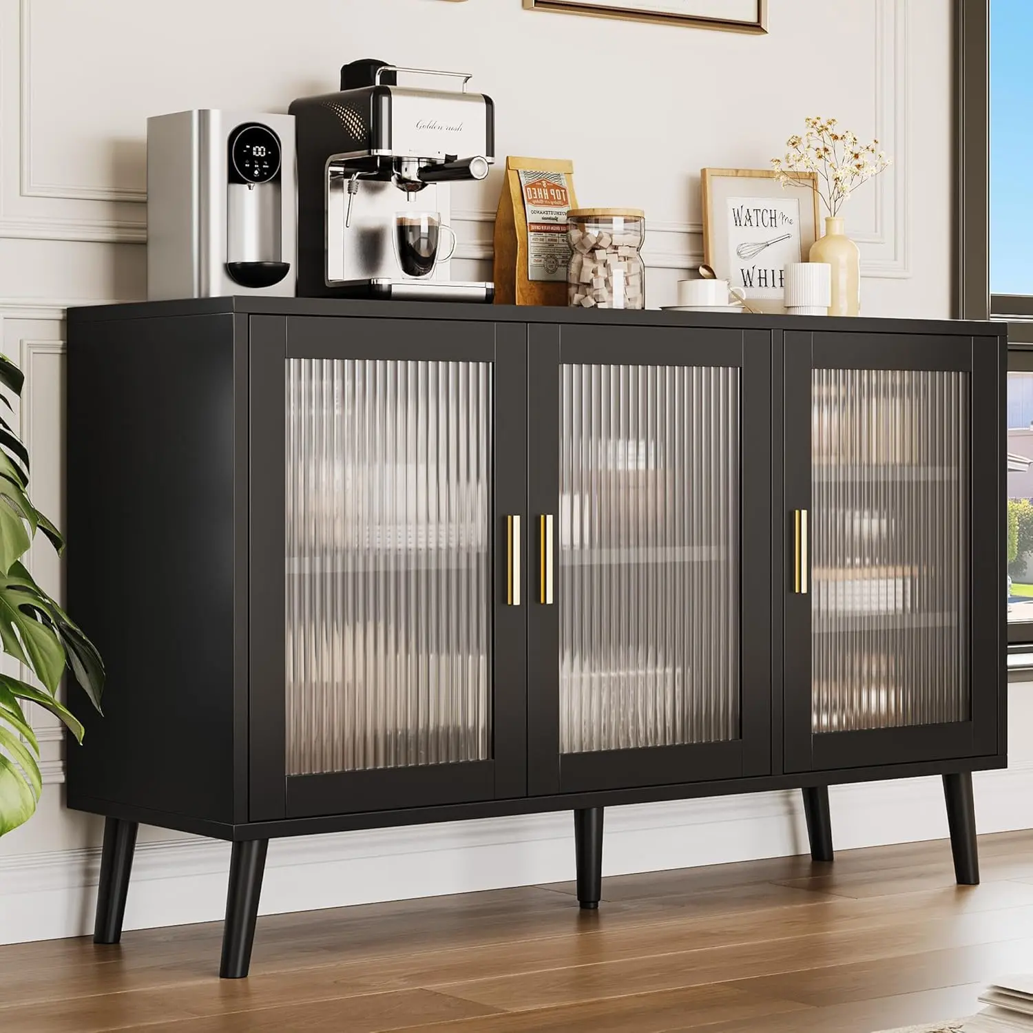 48" Buffet Cabinet with Storage, Large Sideboard Cabinet with 3 Fluted Glass Doors, Modern TV Consoles Stand Cabinet for Kitchen, Dinning Room, Hallway, Living Room