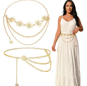Waist Chain Belt Multilayer Gold Silver Sun Moon Chain Belt for Women Dress Body Belly Chain Metal Waist Chain