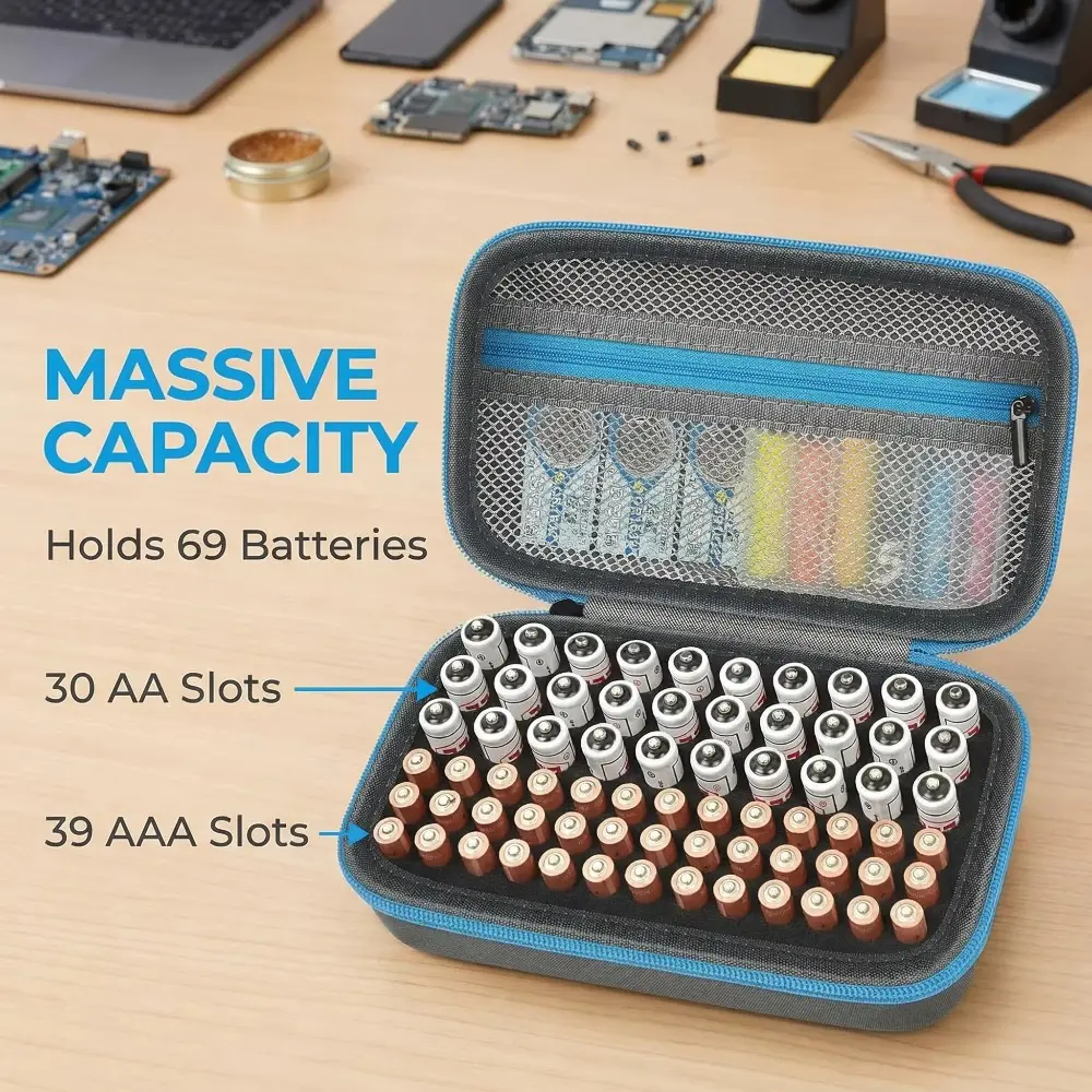 Battery Storage Bag, Storage Pouches - Holds 69+ AA/AAA/C/9V/3V Lithium Batteries, Durable Storage Organizer with Foam Slots & Mesh Pocket, No Tester Included, Space Saving Bags