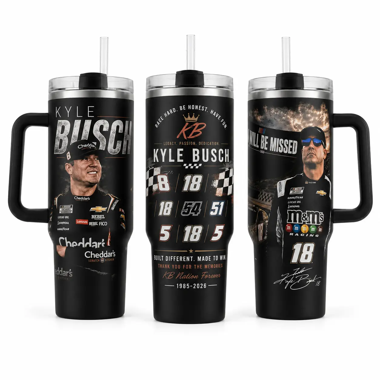Racing Kyle Fan 40oz Tumbler with Handle, NASCAR-Inspired Black White Checkered Flag Black-White Number 8/18 Stock Car Cup for Car Enthusiasts, Stock Car Design Insulated Travel Mug, Unique Gift for Dad Husband Race Lovers