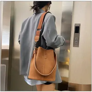Frosted Leather Bucket Bag For Women Suede Fashion Shoulder Crossbody Bag Large Capacity Handbag Retro Simple Casual Satchel Bag