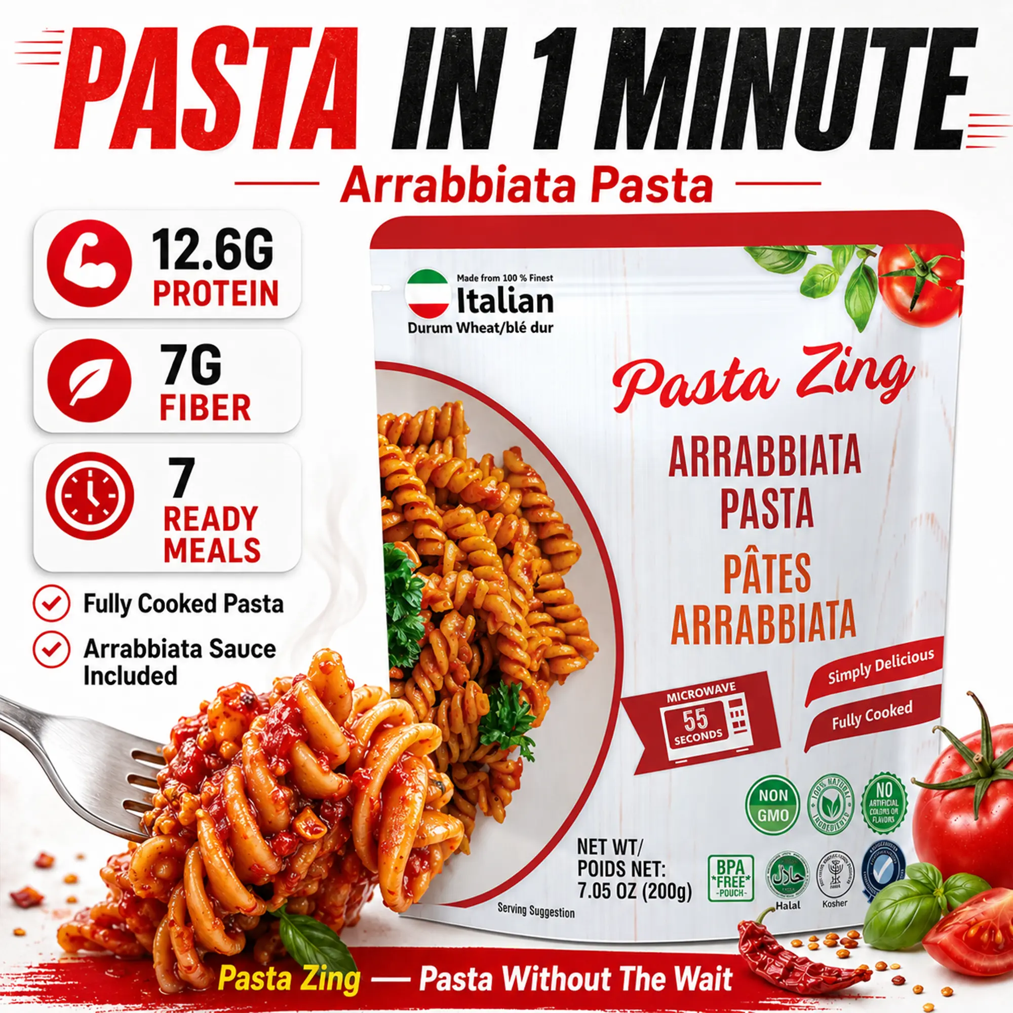 Pasta Zing Arrabbiata Pasta | Ready to Eat Fusilli Pasta with Arrabbiata Sauce | Fully Cooked | Ready in 1 Minute | 12.6G Protein | Pasta Without The Wait