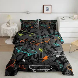 Feelyou Polyester Fiber Cartoon Skateboard Print U-Stitch Comforter Set - Multi-Size Graffiti Look Bedding, Travel-Ready Kids Bedroom Decor, Black Grey Quilted Duvet Set