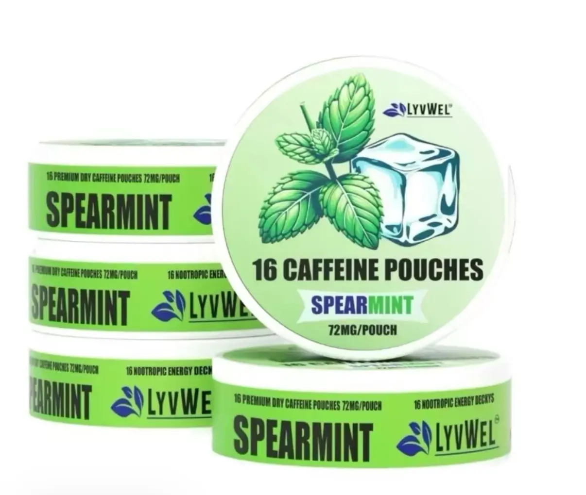 5 Pack Spearmint 72mg Caffeine Pouches - 16 pouches per pack New Sport Energy beverage