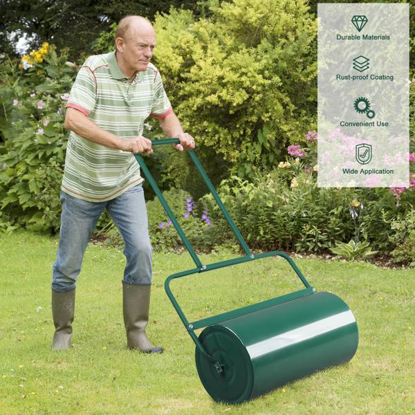 24" Steel Lawn Roller, 13 Gallon Water/Sand Fillable Yard Roller with U-Shaped Handle & Easy Drain Plug, Push & Pull Sod Roller for Grass Flattening Seed Packing, Green