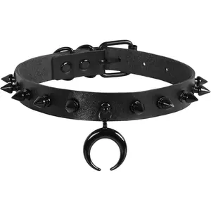 Punk Black Choker Gothic Spiked Rivets for Women Men with Charm Pendant Leather Necklace