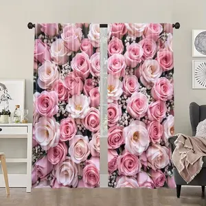 Rose Flower Wall Print Curtains, Home Decoration Curtain, Fashionable Rod Pocket Window Drapes for Bedroom and Living Room, Comfortable Atmosphere, Easy Installation