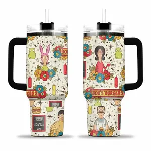 Bob’s Burgers Tumbler With Handle & Straw, Gift For Fans Bob Belcher Family Merch, Linda Belcher Aesthetic Mug, Cute Cartoon Flower Cup, Reusable Coffee Cup For Home Office Kitchen