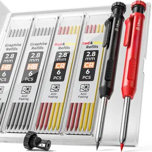 Carpenter Pencil with Sharpener, Mechanical Pencils Set with 26 Refills, Deep Hole Marker for Construction, Heavy Duty Woodworking Pencils for Architect (Black, Red) - With Case