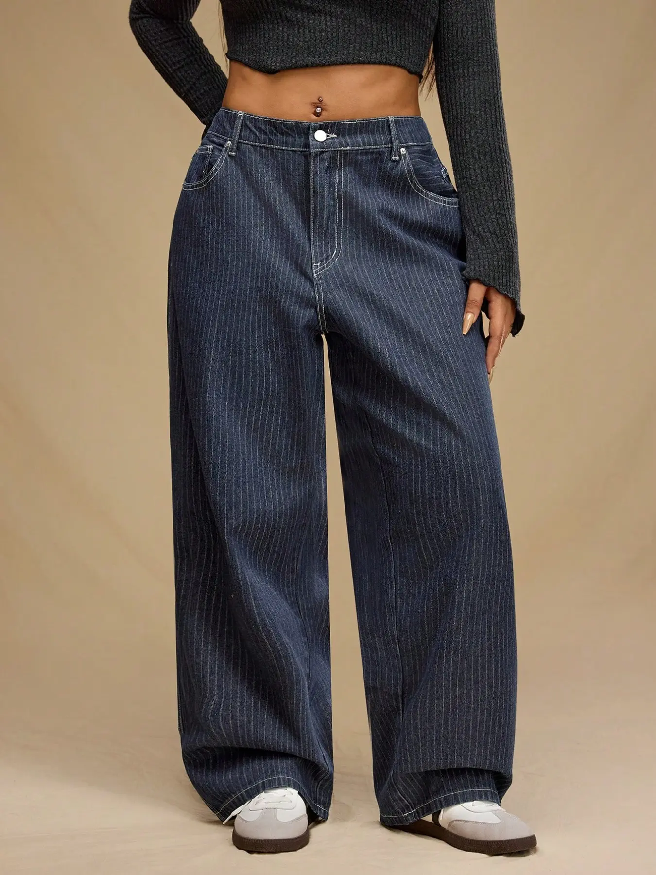 Plus Size Vertical Stripe Wide Leg Jeans Pants, Loose Fit Casual Denim Jeans, All Seasons Colorblock Design, High Waisted Jeans