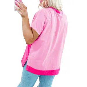 Bright Pink Colorblock Patchwork Plus Size Henley Top with Short Sleeves