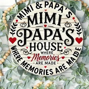 Mimi & Papa's House Tin Sign - Vintage 20x20cm (8x8in) Metal Plaque, Nostalgic Foil Engraved Family Love Quote, Room & Garden Decor with 4 Unique Prints (Up, Down, Left, Right) - Set of 1