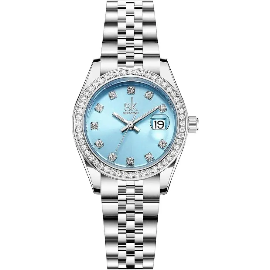 Women's Crystal Accented with Solid Alloy Steel Band Watch Elegant Dress Quartz Calendar Watches for Women