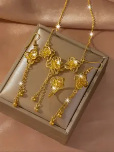 High-Quality Flower Couples Jewelry Set, Necklace + Ring + Earrings, Copper Plated 24k, Perfect Gift for Boyfriend, Friend, Daily Wear, Trendy Jewelry Set